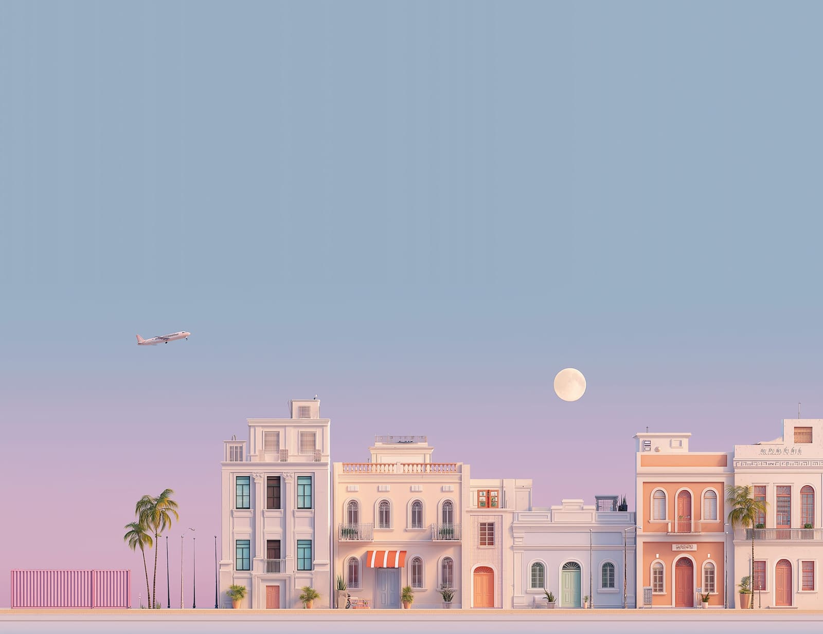 Calle retrofuturista en tonos pastel con un contenedor de carga rosado